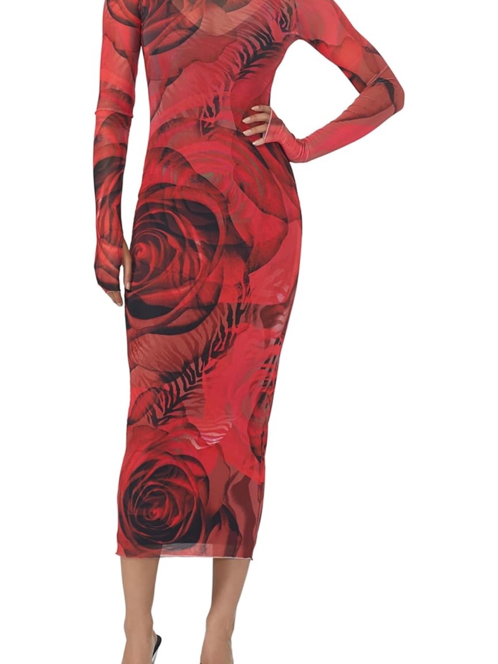 NWT Revolve AFRM Shailene Red Rose-Print Long Sleeve Mesh Midi Dress, size XL. - Picture 5 of 6